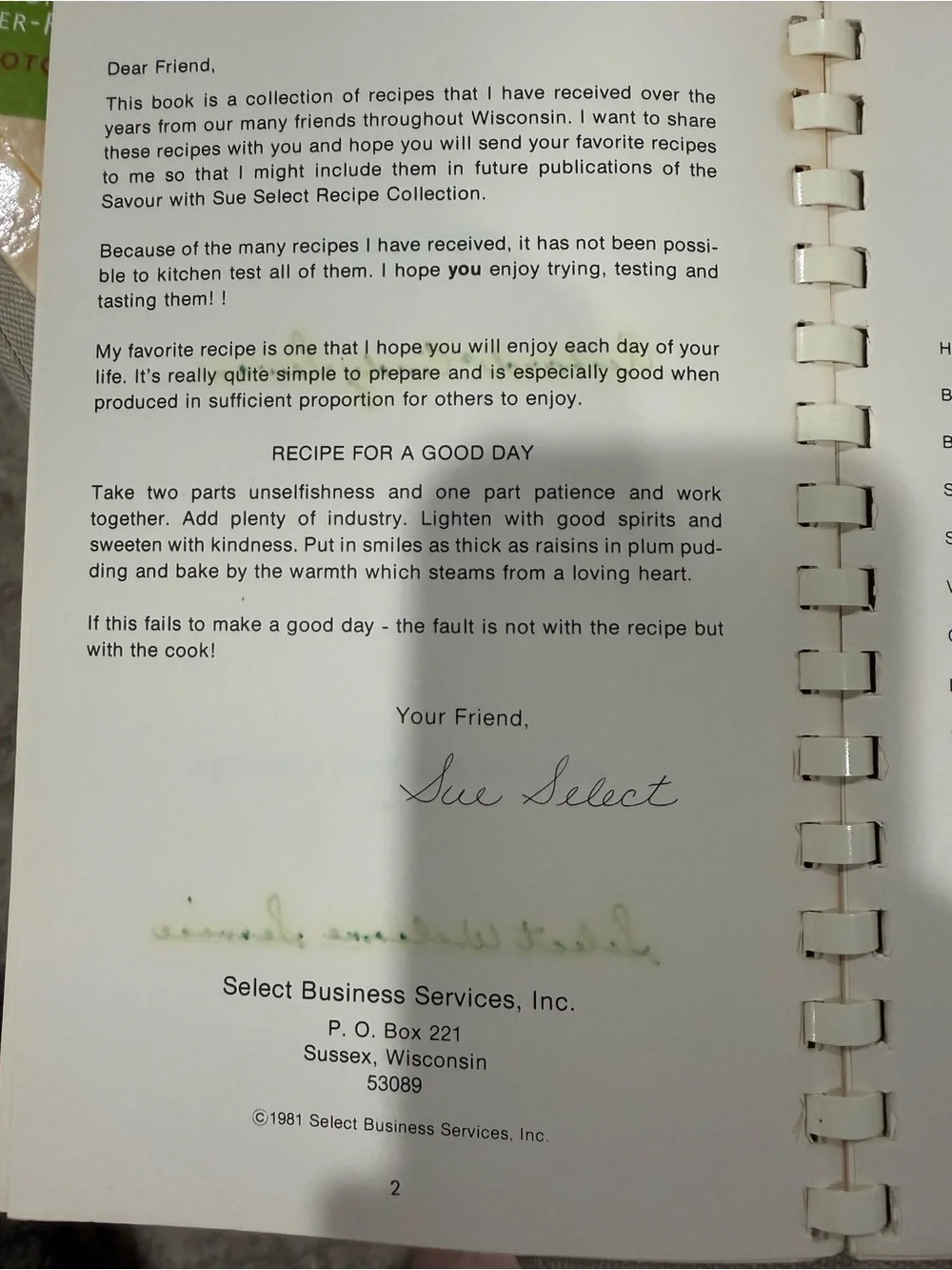 Vintage Cookbook - Savour with Sue White and Green Cover